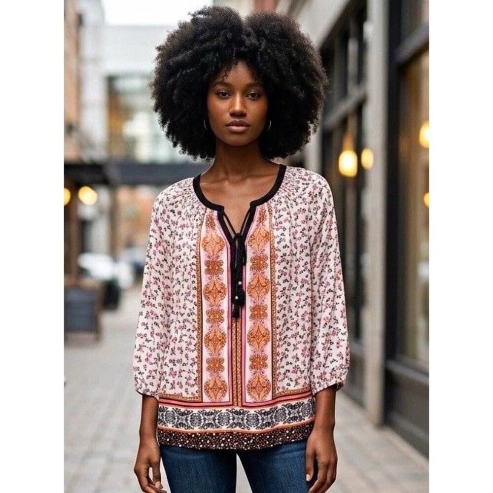 DR2 White Floral V-Neck 3/4 Sleeve Tassel Smocked Woven Blouse Women's L